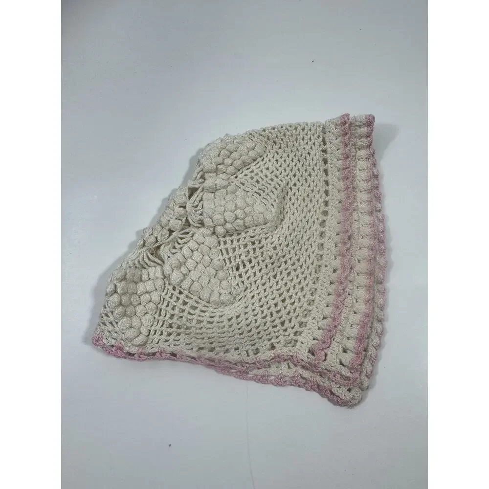 Handmade Crochet Baby Hats Bibs With Pink Trim And Lace